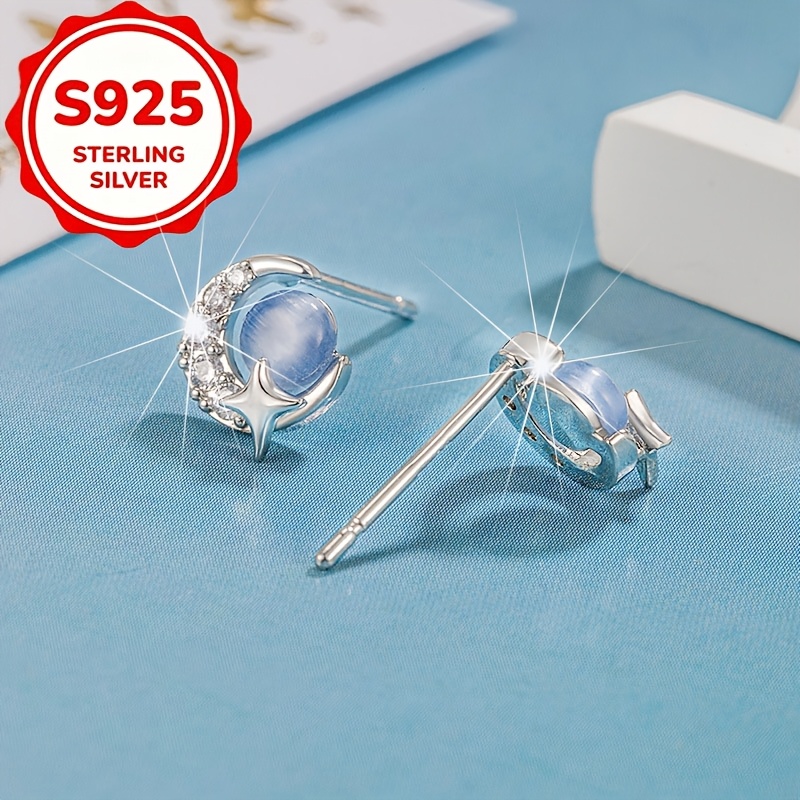 2pcs Women's S925 Silver Cat's Eye Stone Star Stud Earrings